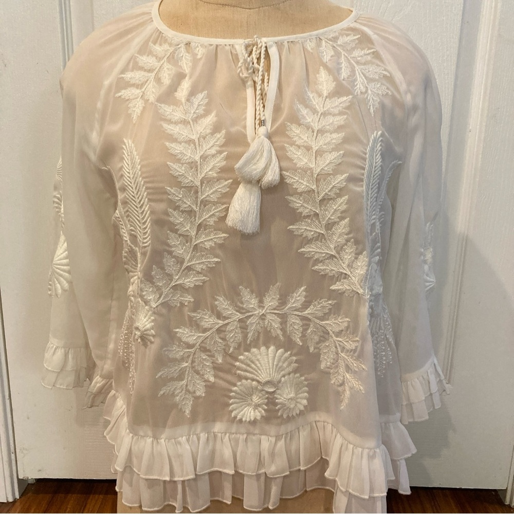 Gazelle Shear  Sleeve3/4  Cream  Blouse Ruffles Ties Tassels Size XS Women